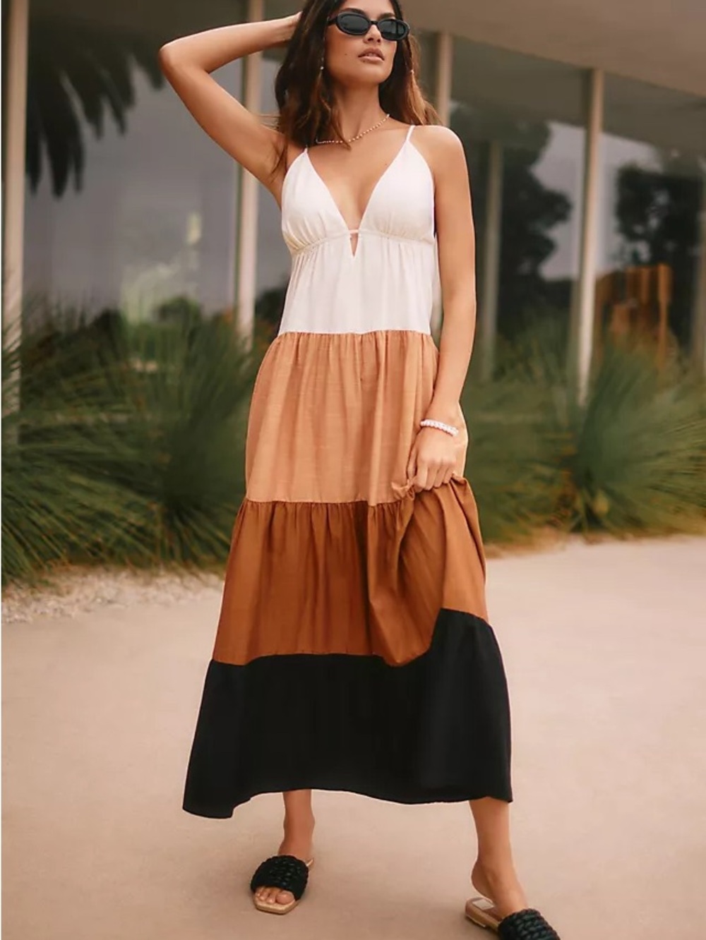 Pink Lily Colorblock Tiered Maxi Dress - Neutral Earth Tones - XL